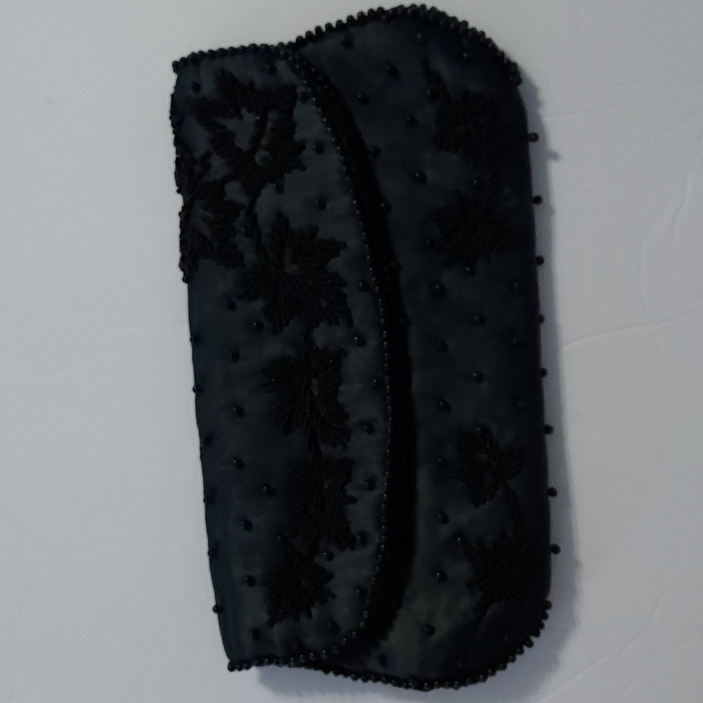 Vintage Black Satin Beaded Clutch Purse with small pocket inside.5inHx9inW.